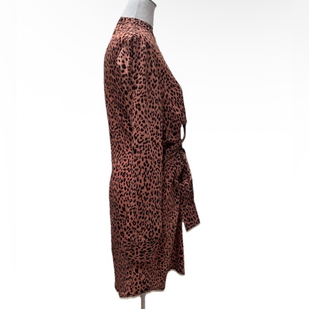Pink Leopard Print Tie Waist Collarless Shirt Dress 4 - Picture 4 of 7